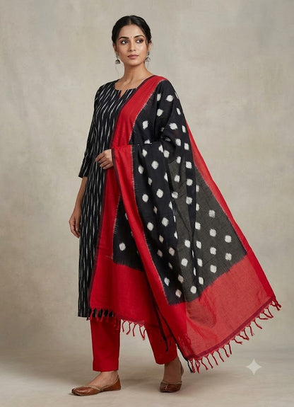 POCHAMPALLY DOUBLE IKKAT COTTON BLACK WITH RED COLOR DRESS MATERIAL -C62