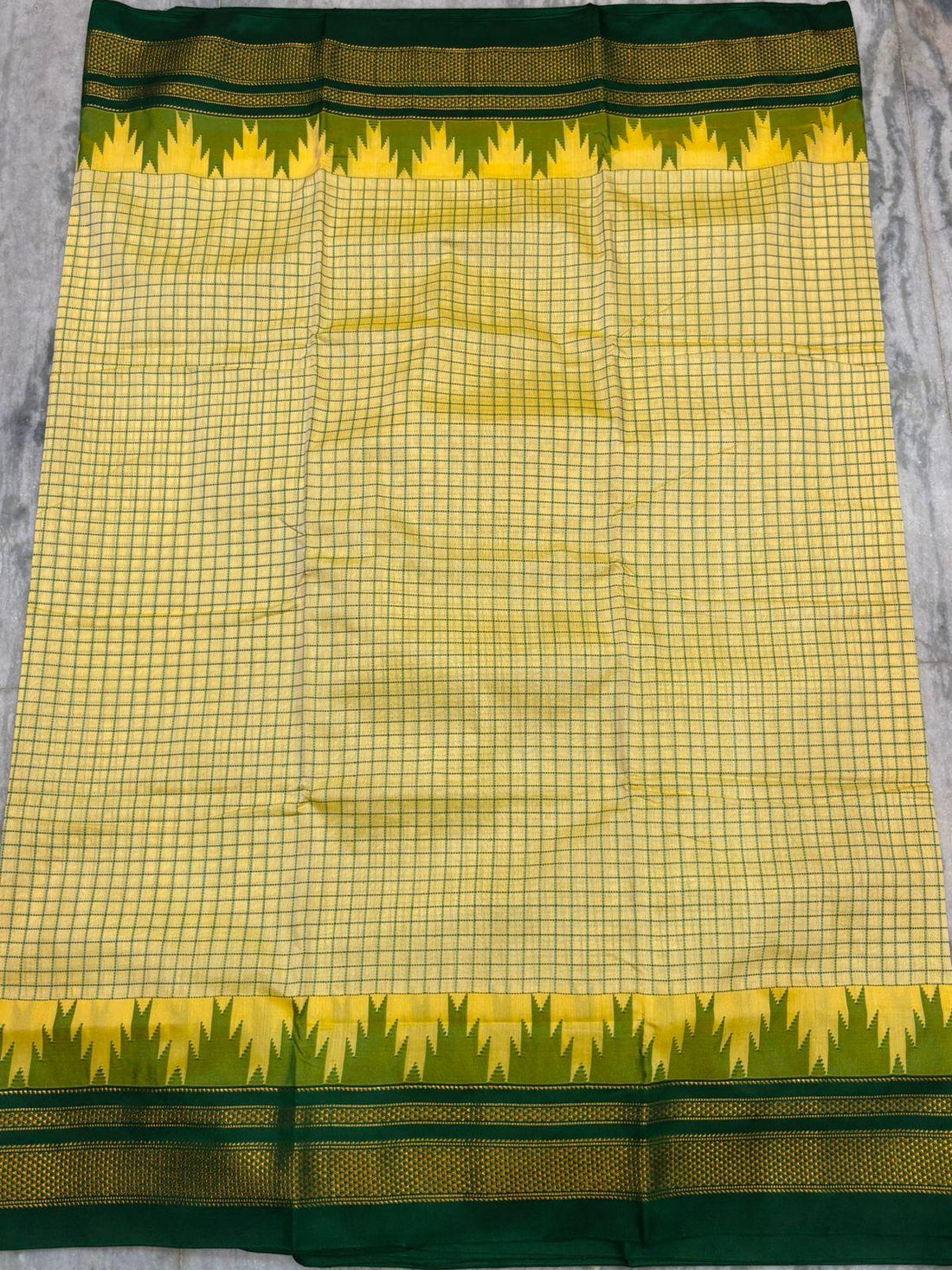 Pure Gadwal Silk Saree - Cream Checkered Body with Green Temple Border &amp; Rich Zari Pallu - pochampallysarees.com