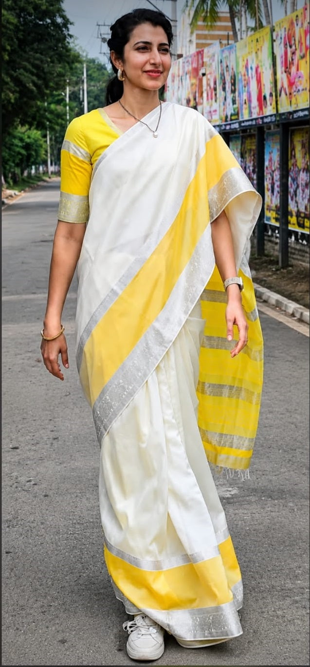 Kuppadam Pattu Cream With Yellow Color Saree - pochampallysarees.com