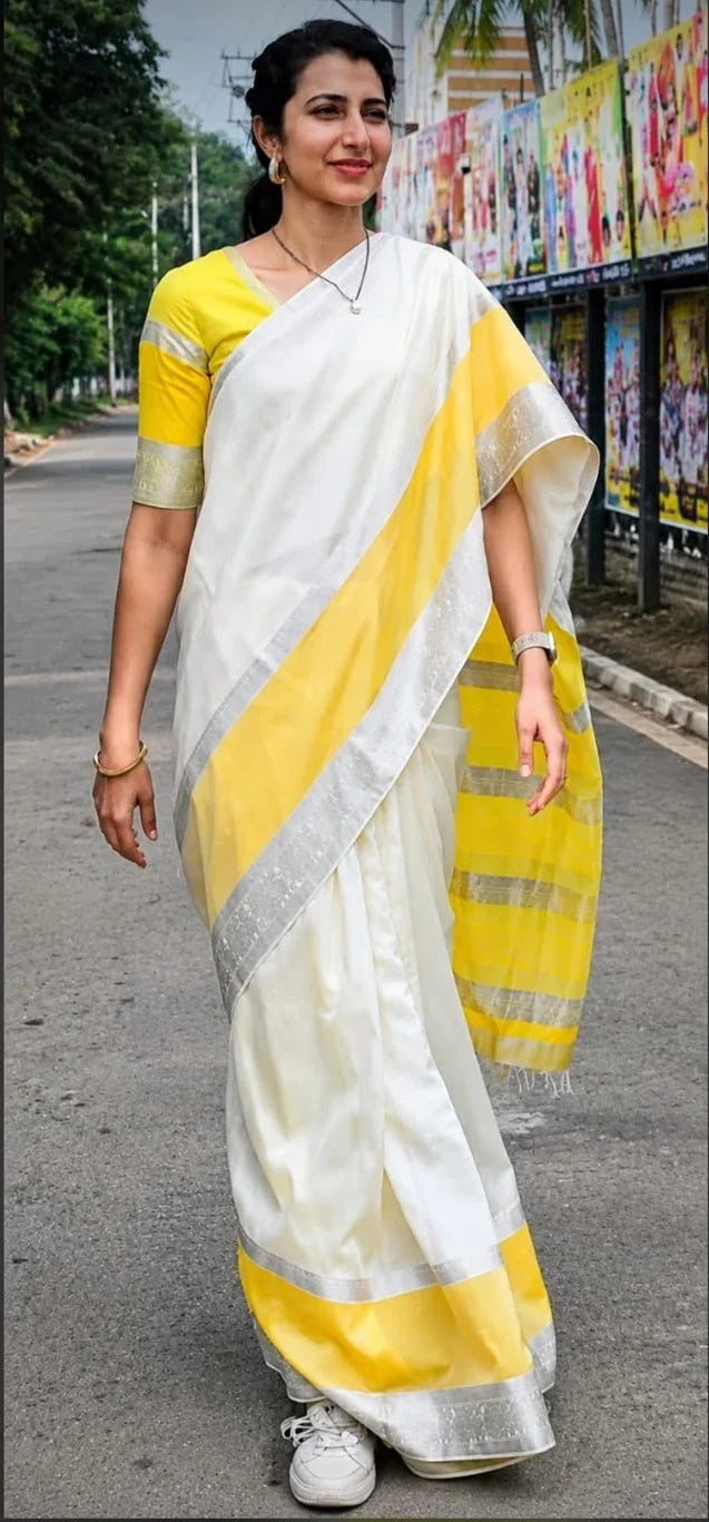 Kuppadam Pattu Cream With Yellow Color Saree - pochampallysarees.com