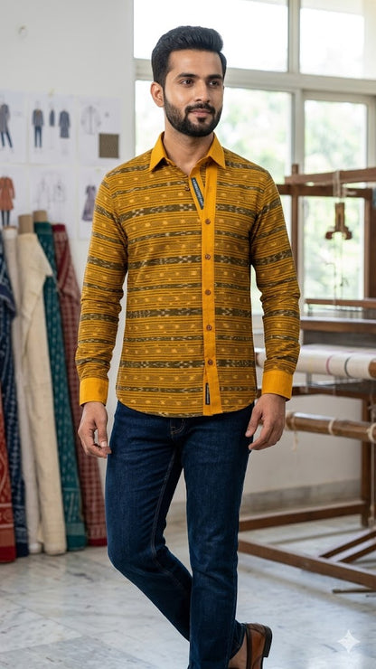 Elegant Mustard Yellow Sambalpuri Ikat Handloom Fabric with Traditional Bandha Weave