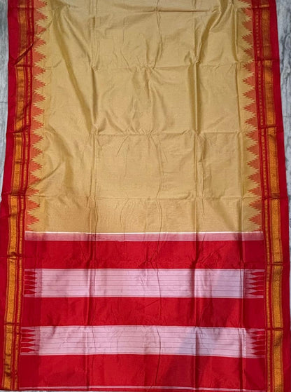 Beige Gadwal Silk Saree with Traditional Red Temple Zari Border