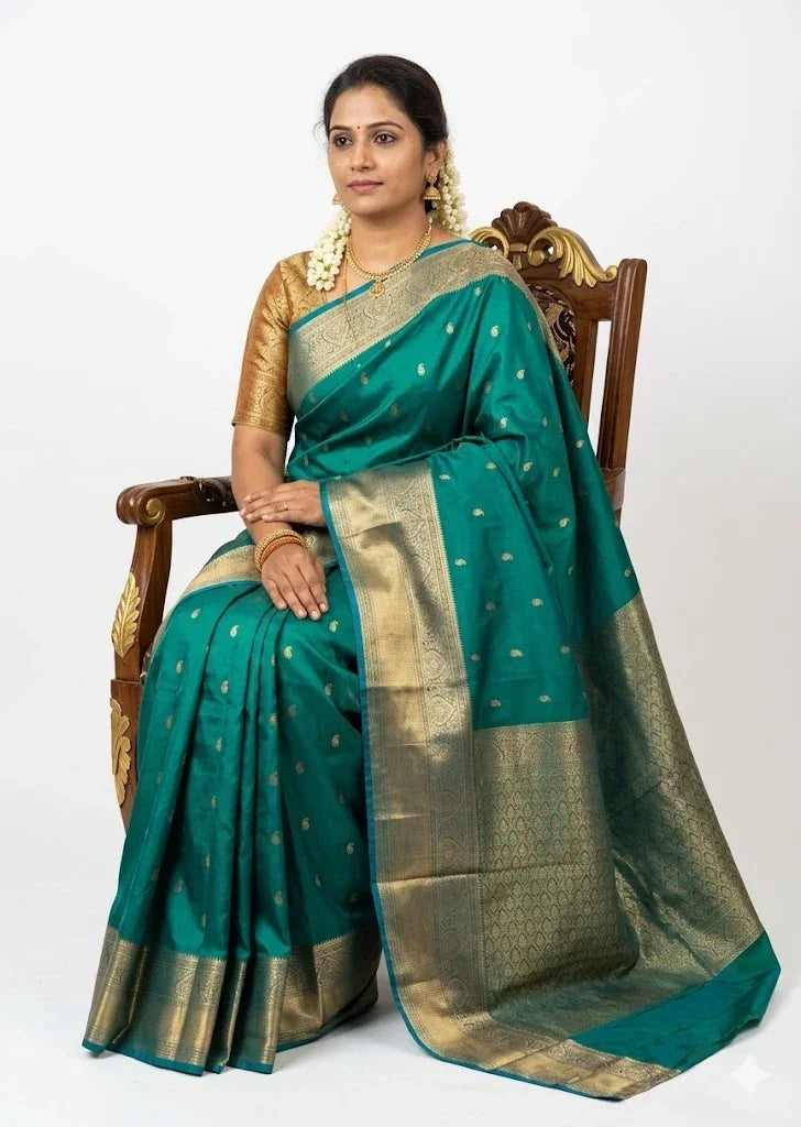 Authentic Peacock Teal Dharmavaram Silk Saree with Heavy Gold Zari Border - pochampallysarees.com