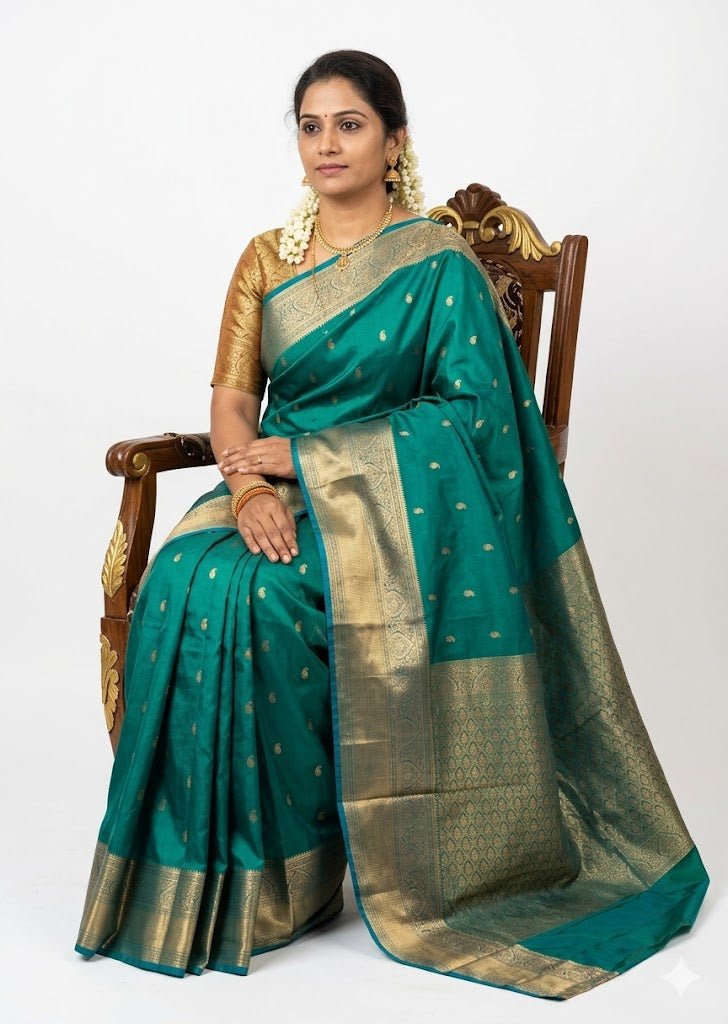 Authentic Peacock Teal Dharmavaram Silk Saree with Heavy Gold Zari Border