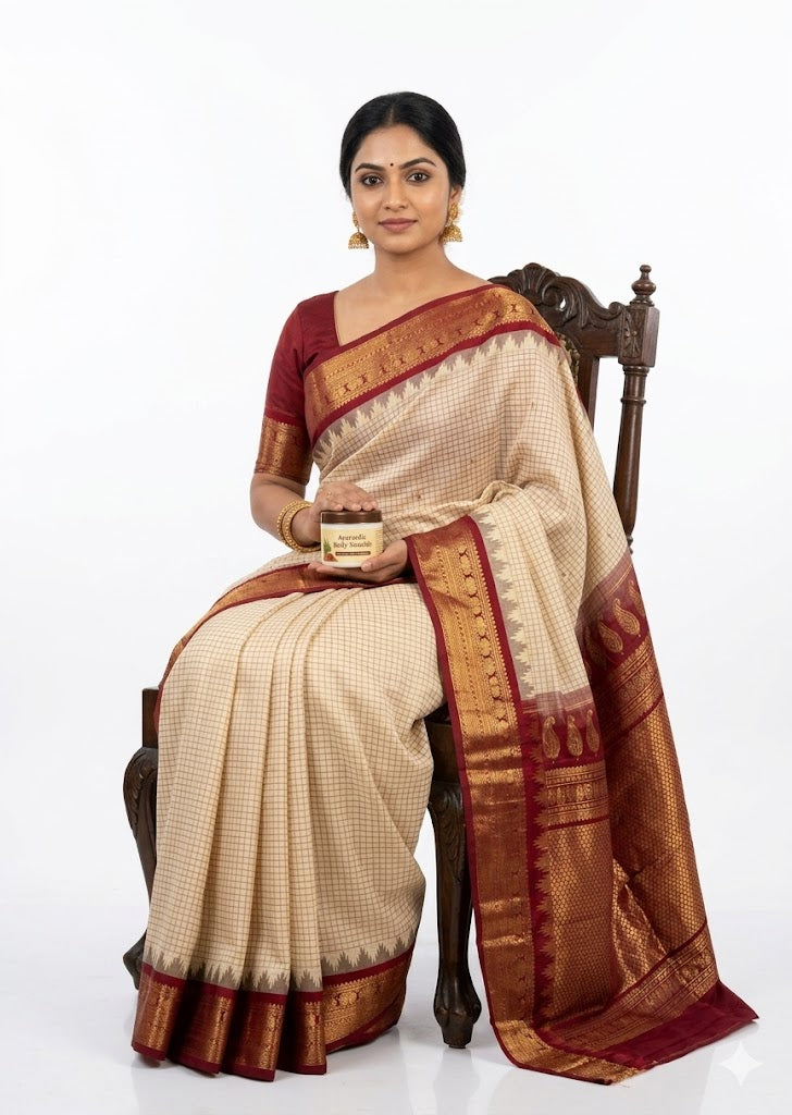 Traditional Gadwal Silk Saree in Cream &amp; Maroon with Elegant Zari Border