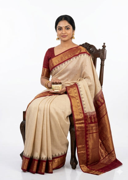 Traditional Gadwal Silk Saree in Cream &amp; Maroon with Elegant Zari Border