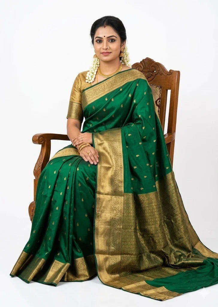 Authentic Emerald Green Dharmavaram Silk Saree with Heavy Gold Zari Borde - pochampallysarees.com