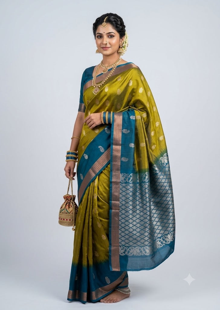 Olive Green &amp; Peacock Blue Handloom Silk Saree with Silver Zari Jaal Pallu