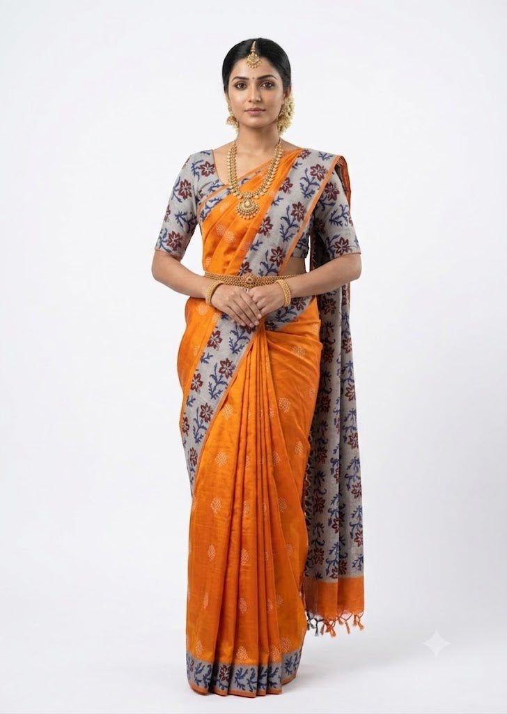 Bright Orange Silk Saree with Floral Printed Pallu &amp; Matching Blouse