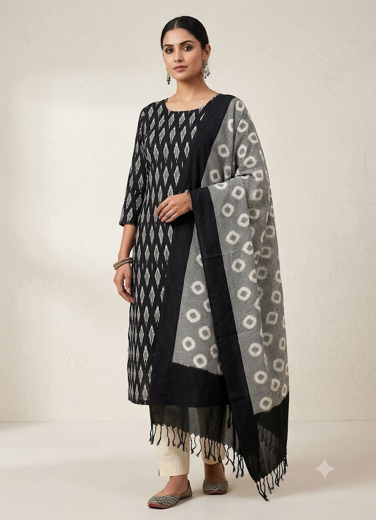 Pochampally Double Ikkat Cotton Suit Black Pant Set B42