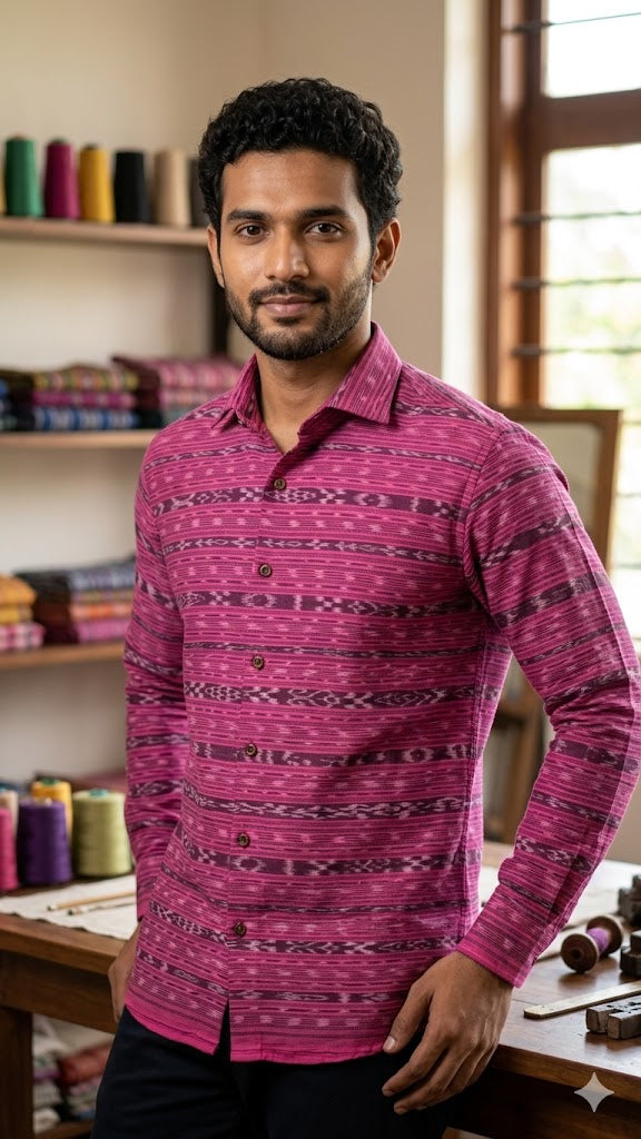 Premium Pink Sambalpuri Ikat Unstitched Handloom Fabric - pochampallysarees.com