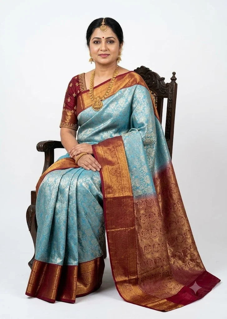 Dharmavaram Pattu Silk Saree – Sky Blue with Traditional Maroon Pallu & Zari Border - pochampallysarees.com