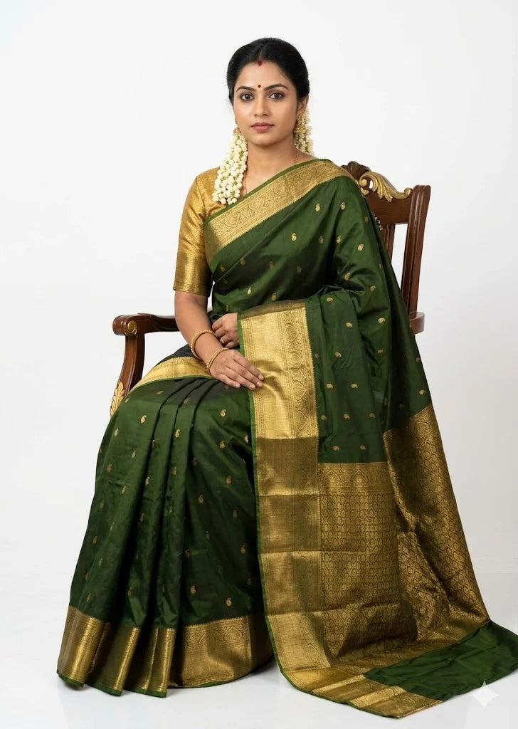 Authentic Forest Green Dharmavaram Silk Saree with Heavy Gold Zari Border - pochampallysarees.com
