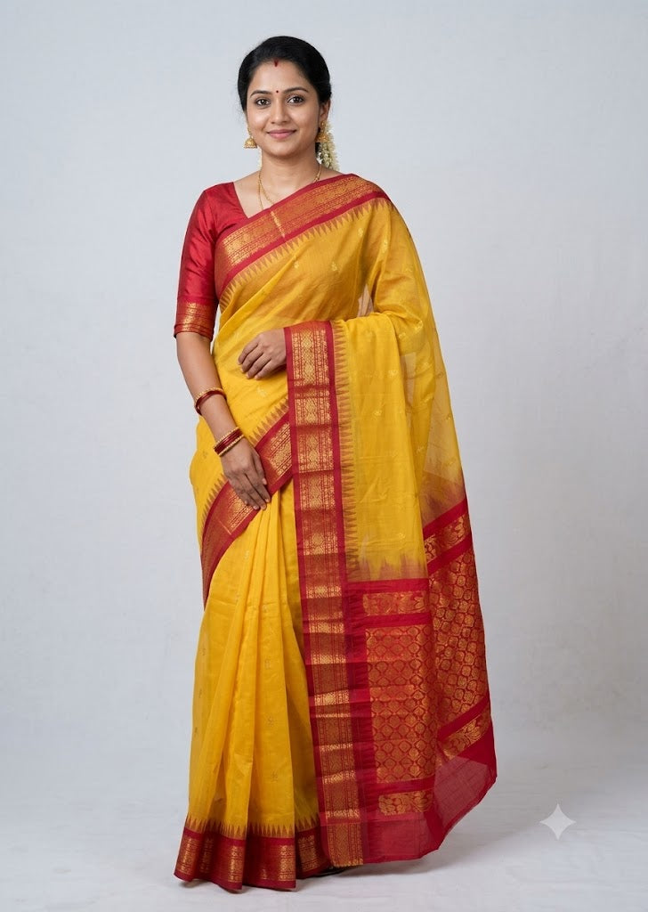 Radiant Yellow Gadwal Cotton Saree with Red Contrast Zari Border gc7
