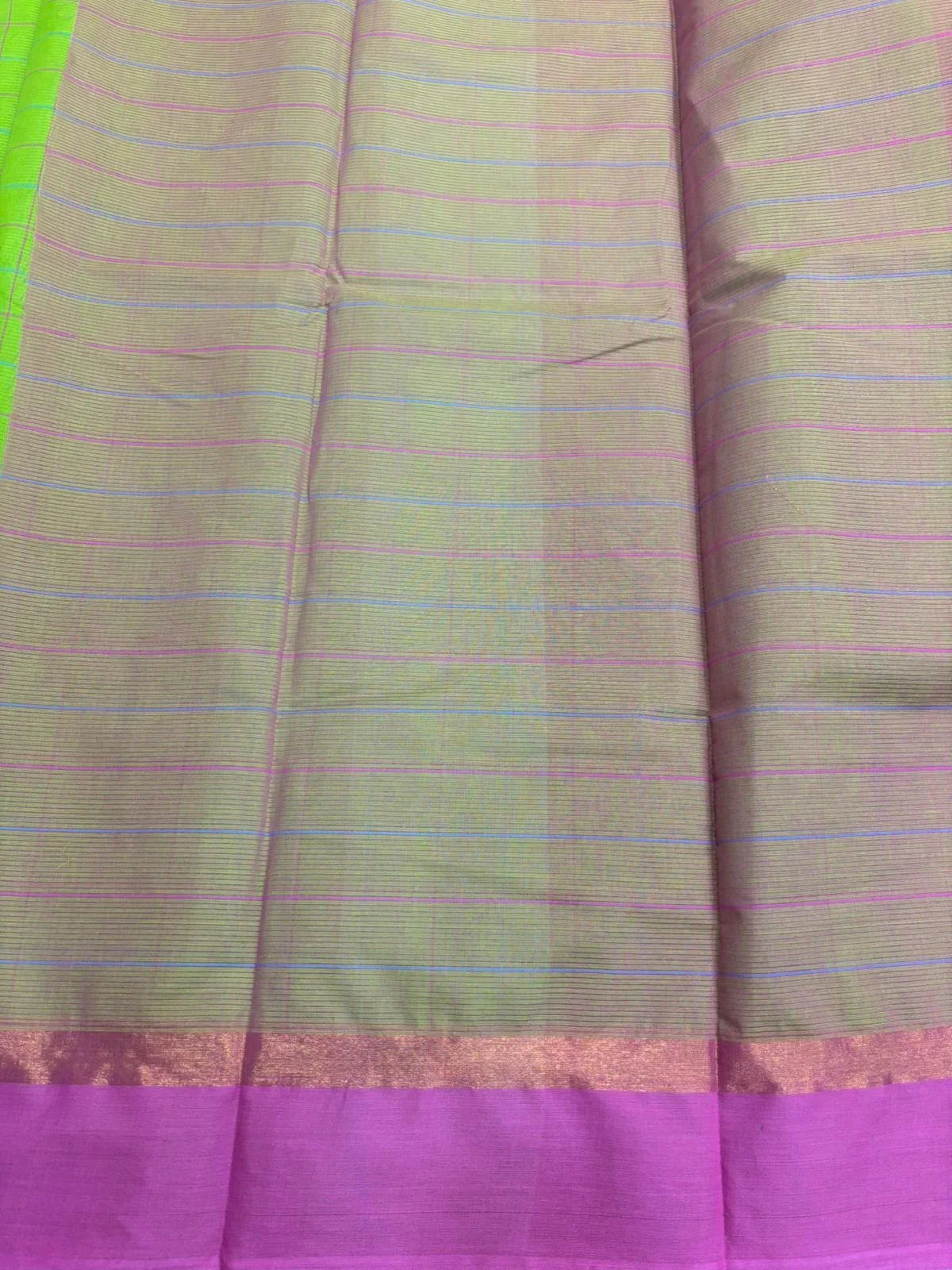 MANGALAGIRI COTTONS BODY PARROT GREEN CHECKS DESIGNER BORDER ZARI PALLU AND BLOUSE RUNNING