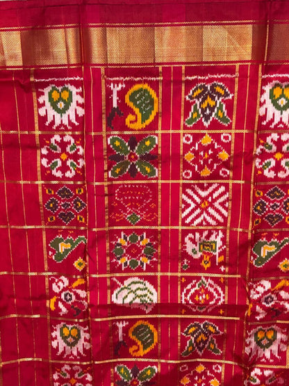 Crimson Red Pure Silk Patola Saree with Royal Zari Border &amp; Traditional Ikat Weave