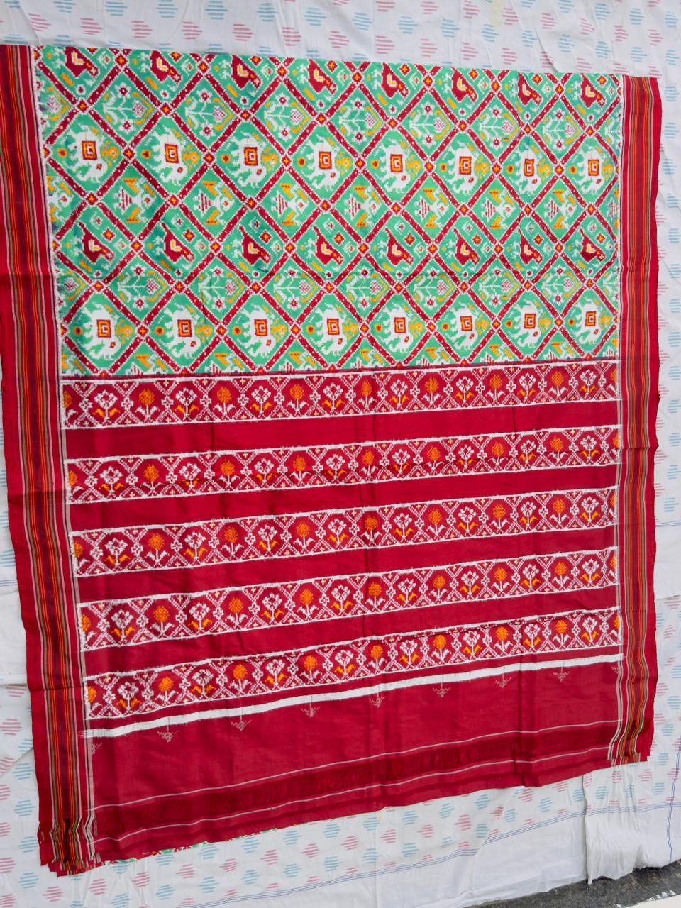 Traditional Green &amp; Red Patola Silk Saree | Elephant &amp; Parrot Motifs - pochampallysarees.com