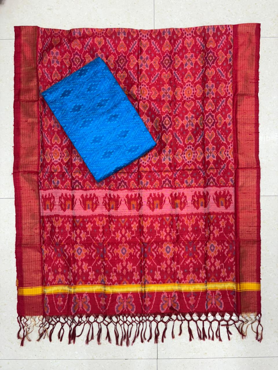 Latest Ikkat Silk Dress Material: Red &amp; blue Pochampally Salwar Suit