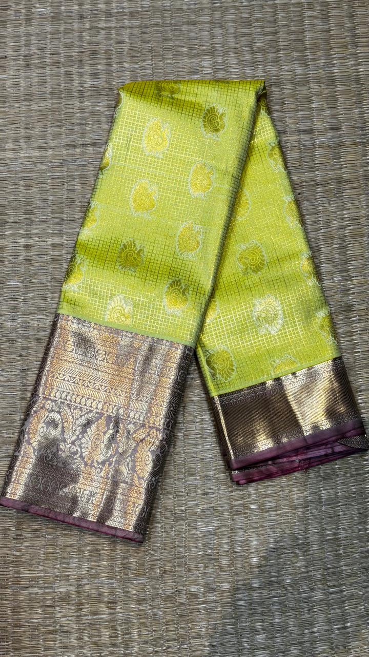 Stunning Lime Green &amp; Lavender Semi Dharmavaram Silk Saree with Rich Zari Brocade