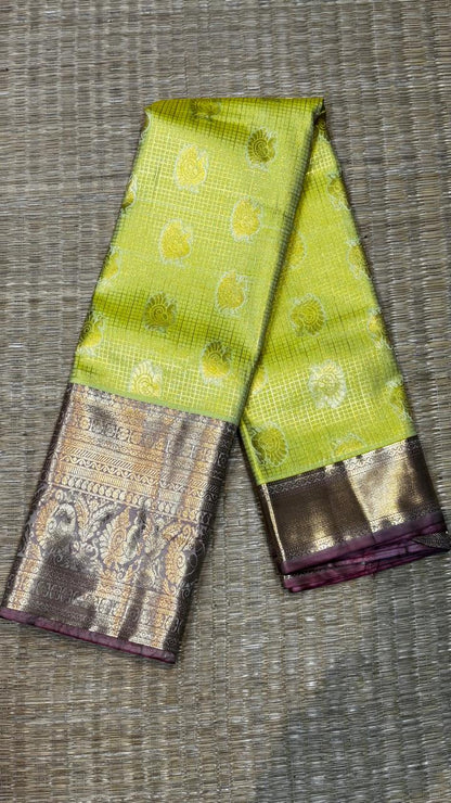 Stunning Lime Green &amp; Lavender Semi Dharmavaram Silk Saree with Rich Zari Brocade