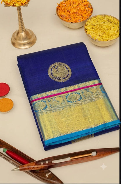 Royal Blue Pure Kanchipuram Silk Saree with Sky Blue Zari Pallu | Handwoven Kanchi Pattu