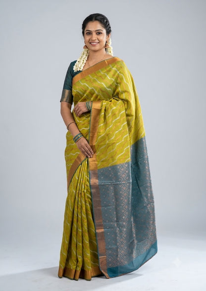 Traditional Olive Yellow-Green Kuppadam Pattu Saree with Contrast Teal Blue Pallu