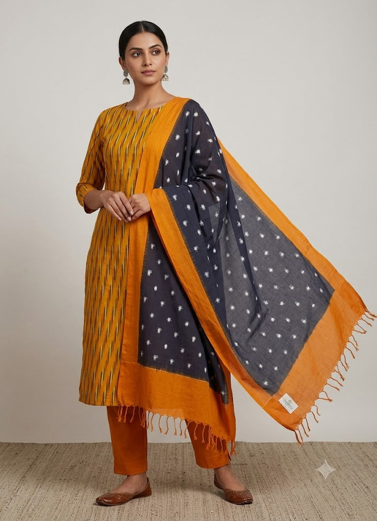DOUBLE IKAT BLACK WITH YELLOW COLOR DRESS MATERIAL-B17