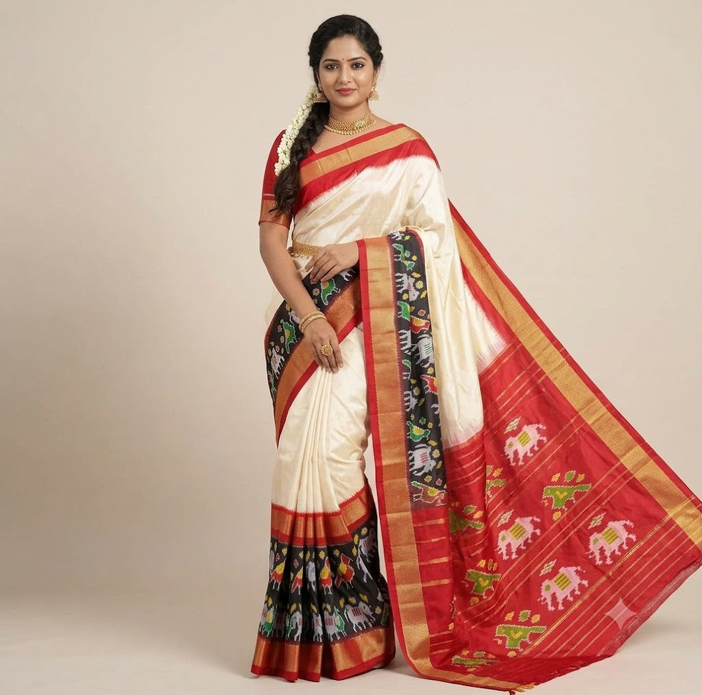 Traditional Cream &amp; Red Ikkat Silk Saree with Black Elephant Motif Border | Pochampally Handloom
