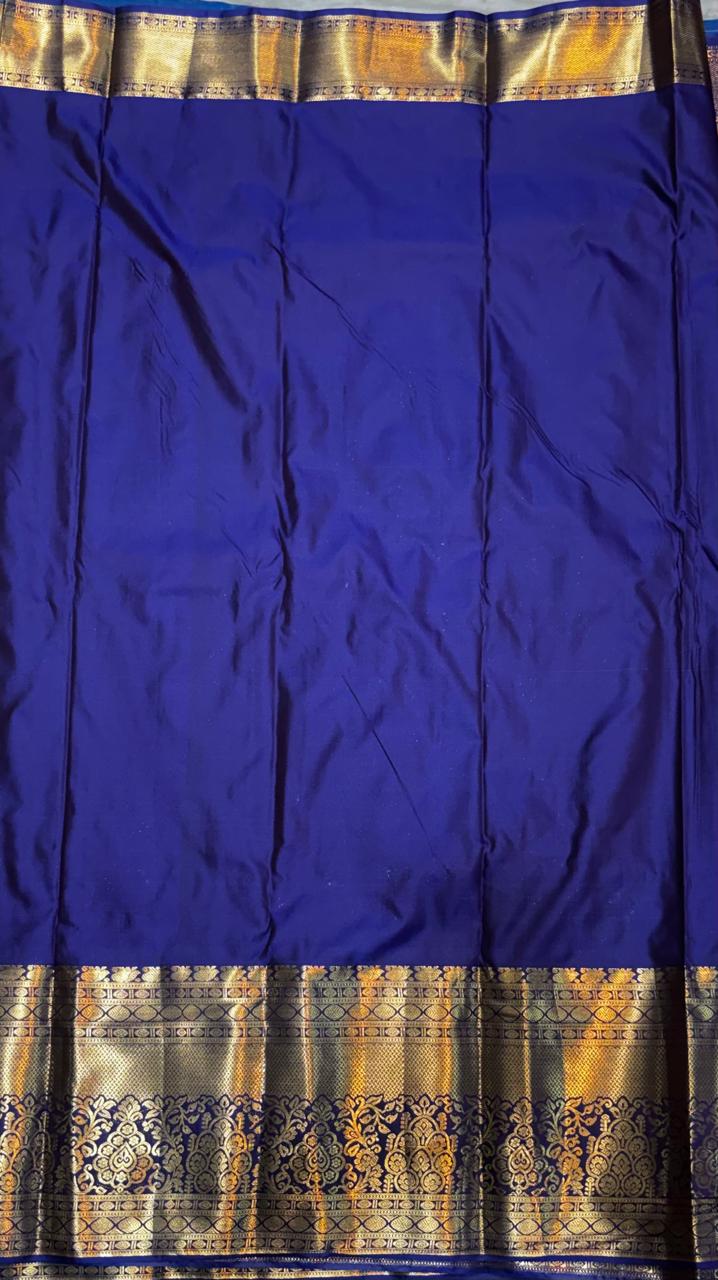 Antique Mustard Gold &amp; Royal Blue Semi Dharmavaram Silk Saree with Zari Checks and Brocade Pallu