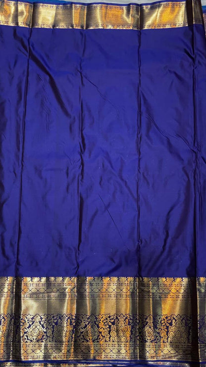 Antique Mustard Gold &amp; Royal Blue Semi Dharmavaram Silk Saree with Zari Checks and Brocade Pallu