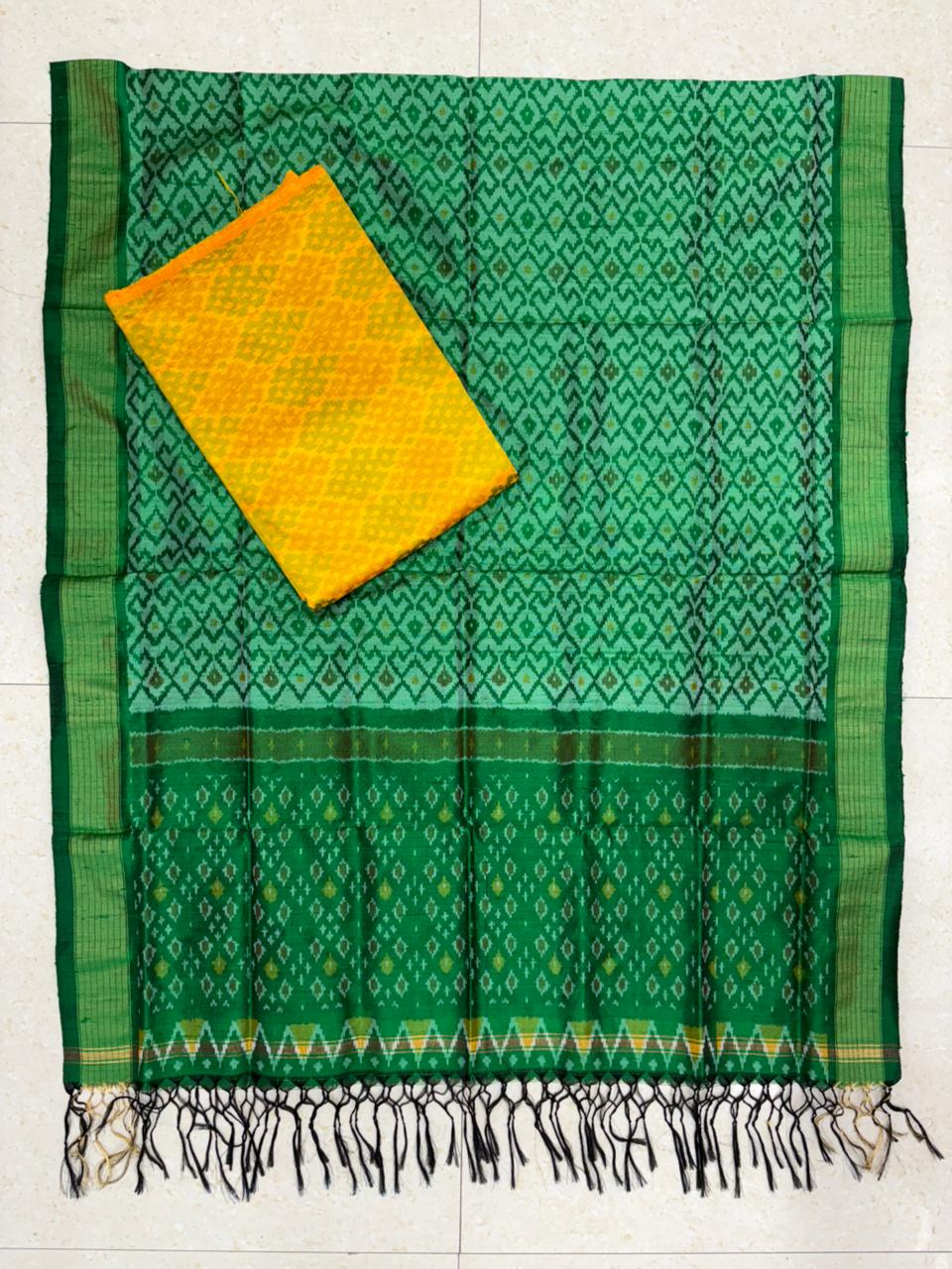Latest Ikkat Silk Dress Material: Green &amp; Yellow Pochampally Salwar Suit