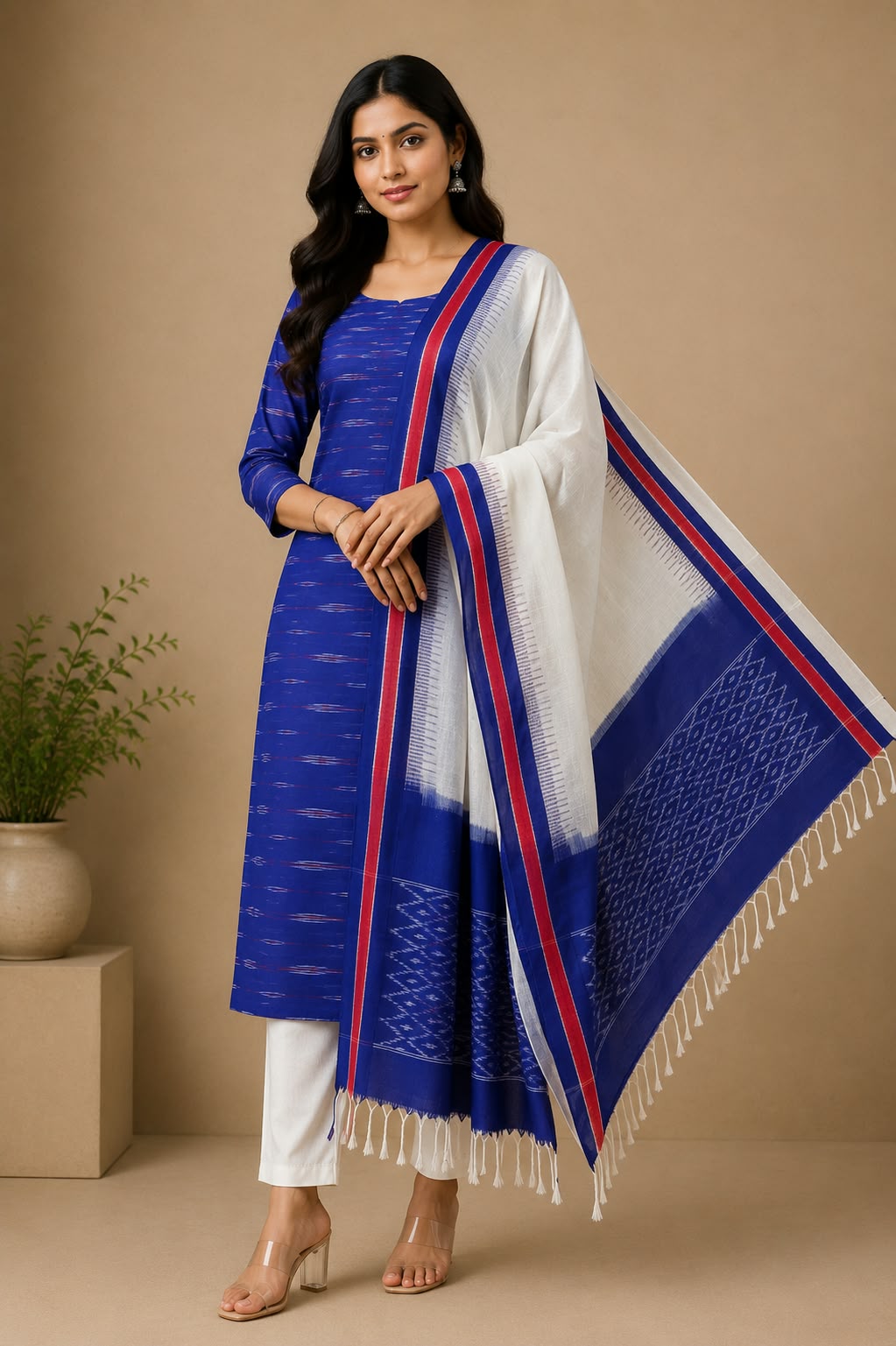 Royal Blue &amp; Off-White Handloom Double Ikkat Cotton Dress Material Set with Contrast Red Border Dupatta