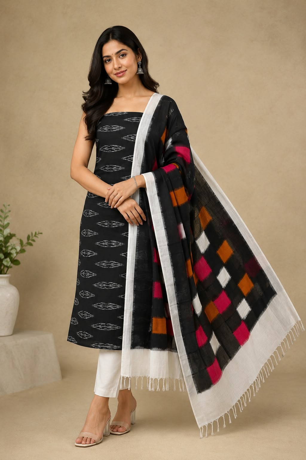 Jet Black &amp; Off-White Handloom Double Ikkat Cotton Dress Material Set with Multicolor Geometric Block Dupatta