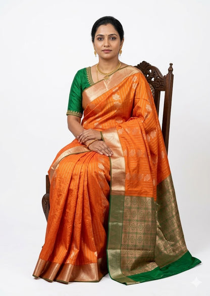 Radiant Orange Dharmavaram Pattu Saree with Contrast Green Zari Border