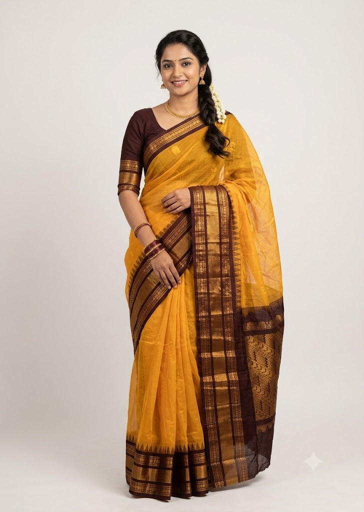 Traditional Mustard Yellow and Dark Brown Gadwal Cotton Saree with Zari Border gc27