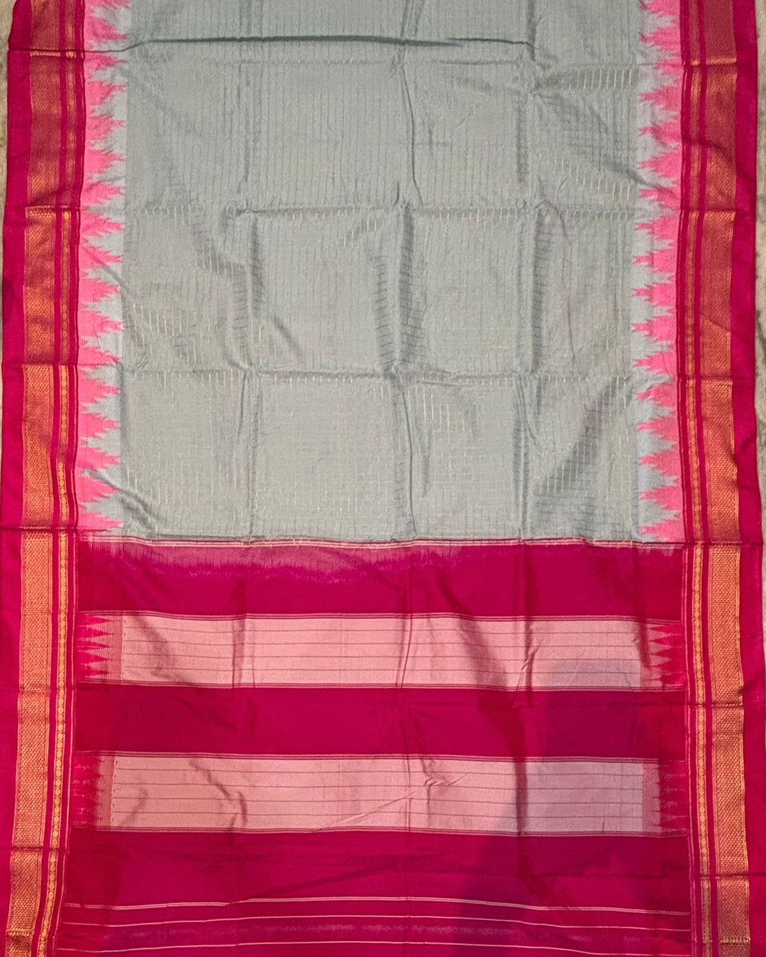 Elegant Gray Gadwal Saree with Pink Temple Border &amp; Striped Pallu