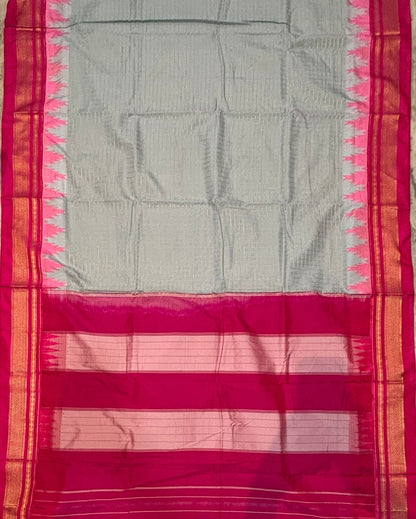 Elegant Gray Gadwal Saree with Pink Temple Border &amp; Striped Pallu