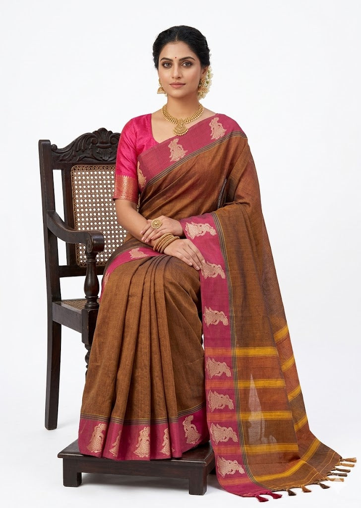 PURE NARAYANPET COTTON BROWN SARI