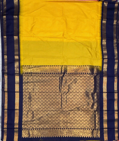 Authentic Gadwal Silk Saree in Mustard Yellow and Navy Blue
