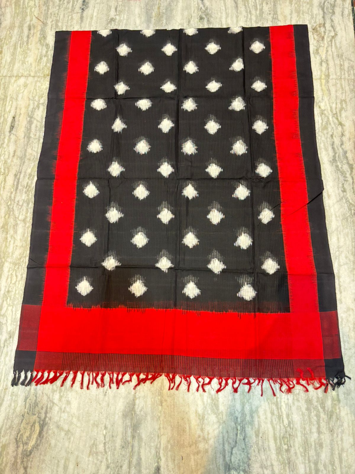 POCHAMPALLY IKKAT COTTON BLACK WITH RED COLOR DRESS MATERIAL - C22