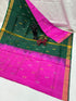Bottle Green and Rani Pink Uppada Pattu Silk Saree with Gold and Silver Zari Buttas - pochampallysarees.com