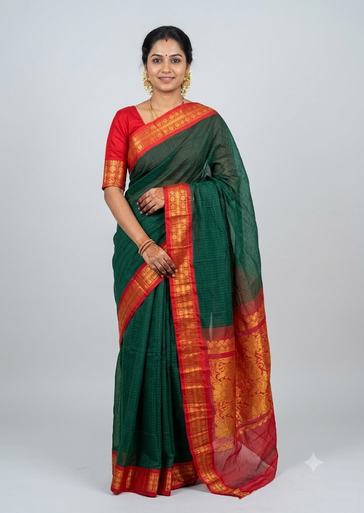 Green Gadwal Cotton Saree with Red Border (Without Blouse) gc 3