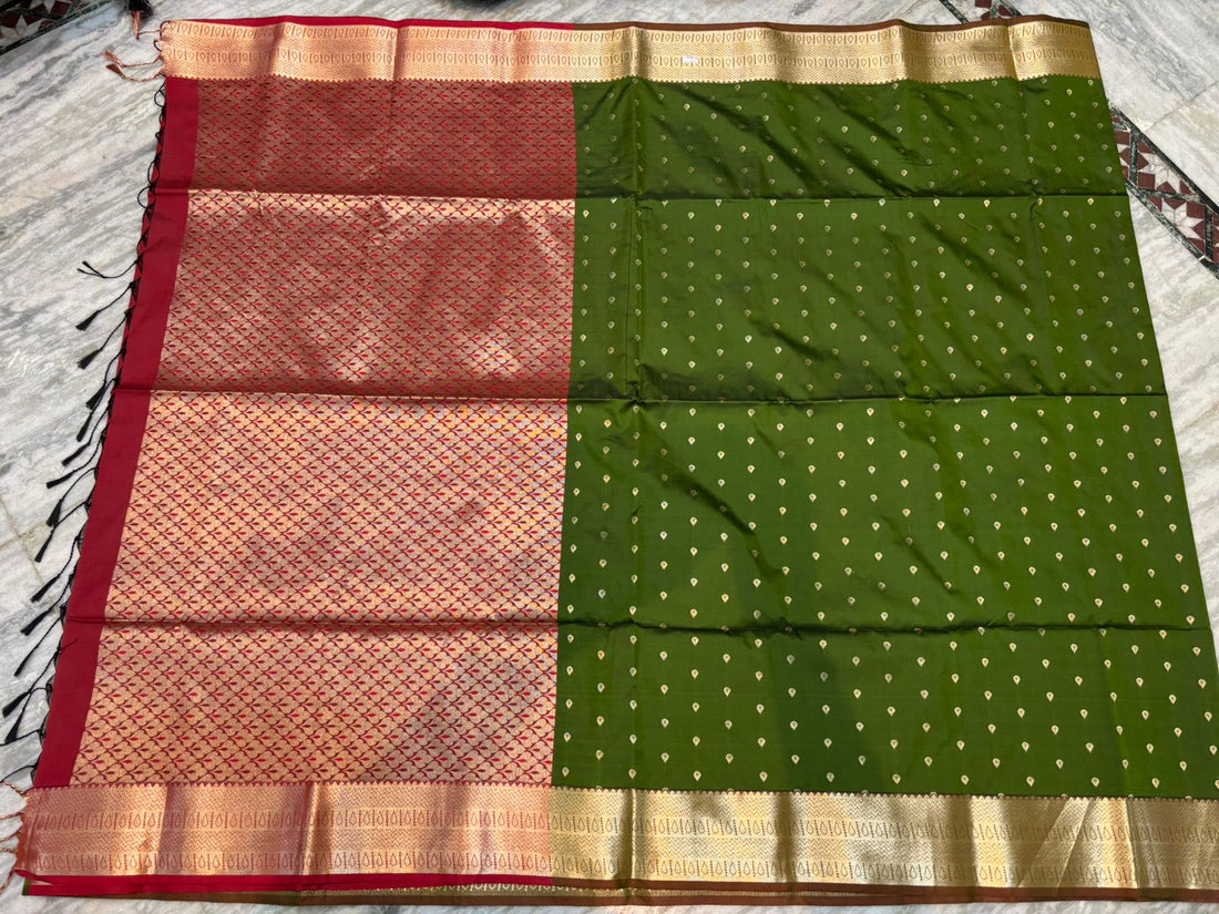 Pure Dharmavaram Silk Saree - Olive Green &amp; Maroon with Zari Work - pochampallysarees.com