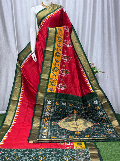 Deep Red Traditional Silk Saree with Green Border &amp; Patola Motifs - pochampallysarees.com