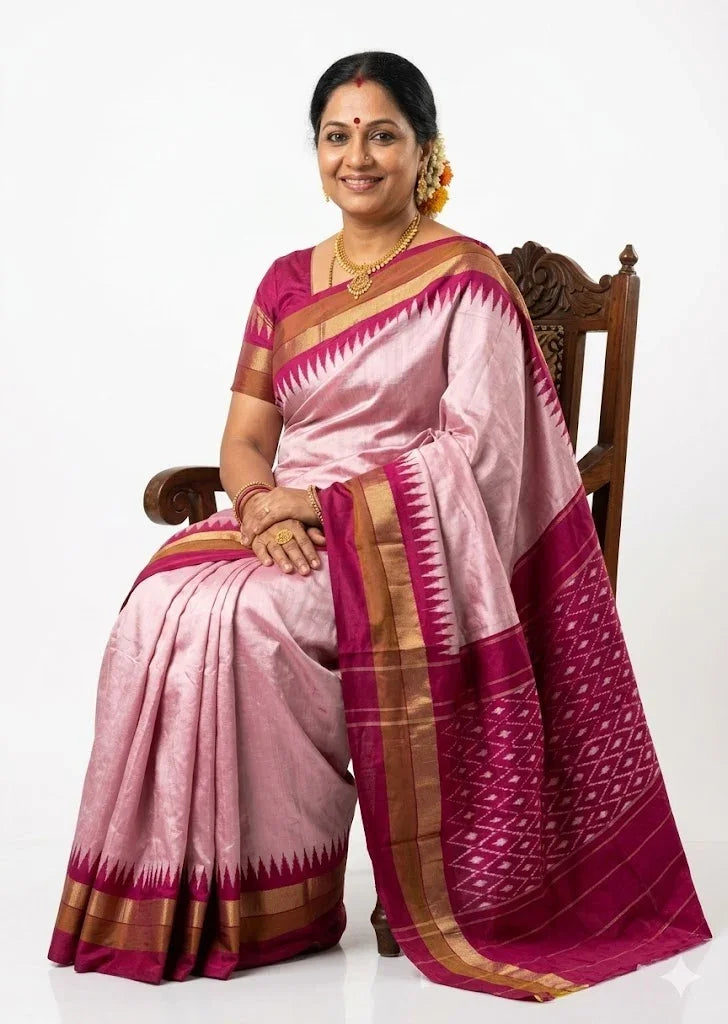 Elegant Light Pink & Magenta Ikat Silk Saree with Temple Border - pochampallysarees.com