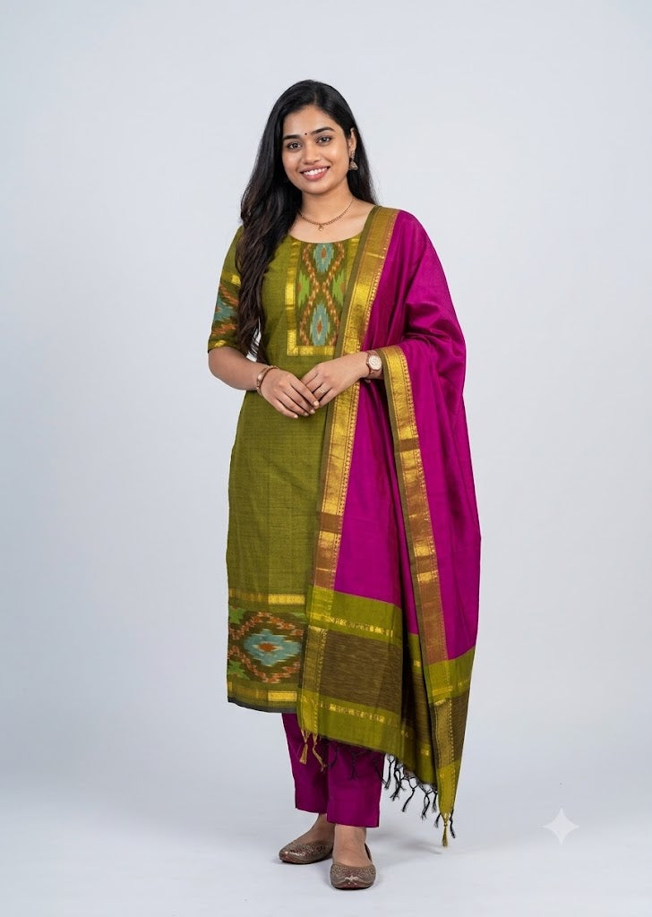 Olive green Handloom-Look Kurta Set with Ikat Border, Pink Pants &amp; Dupatta (Set of 3)