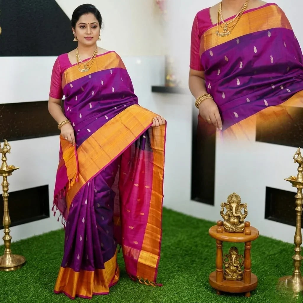 Elegant Deep Purple Uppada Pattu Saree with Gold Zari Motifs - pochampallysarees.com