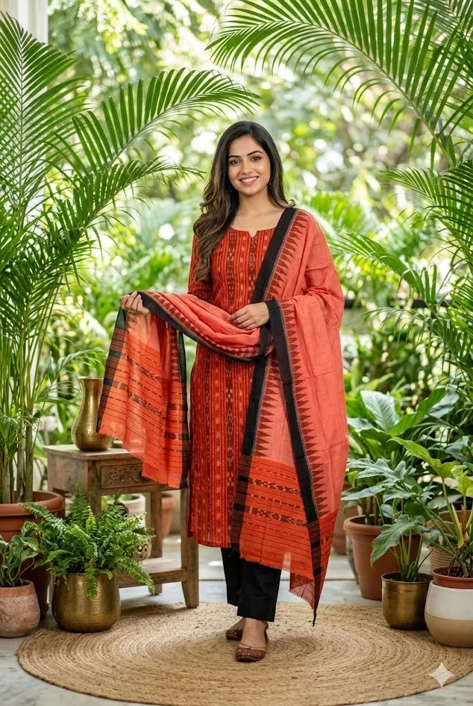 Terracotta Ikat Unstitched Handloom Cotton Suit Material (3-pc Set) - pochampallysarees.com