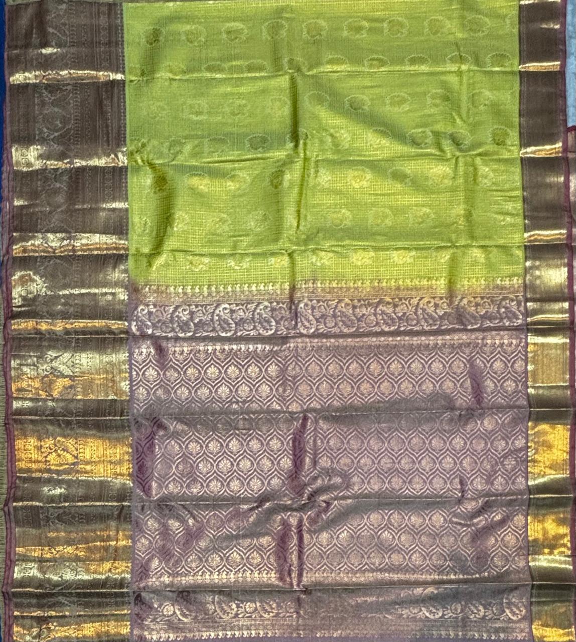Stunning Lime Green &amp; Lavender Semi Dharmavaram Silk Saree with Rich Zari Brocade