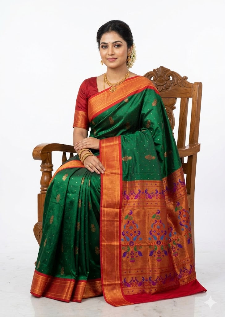 Classic Emerald Green Gadwal Silk Saree with Red Peacock Pallu - pochampallysarees.com